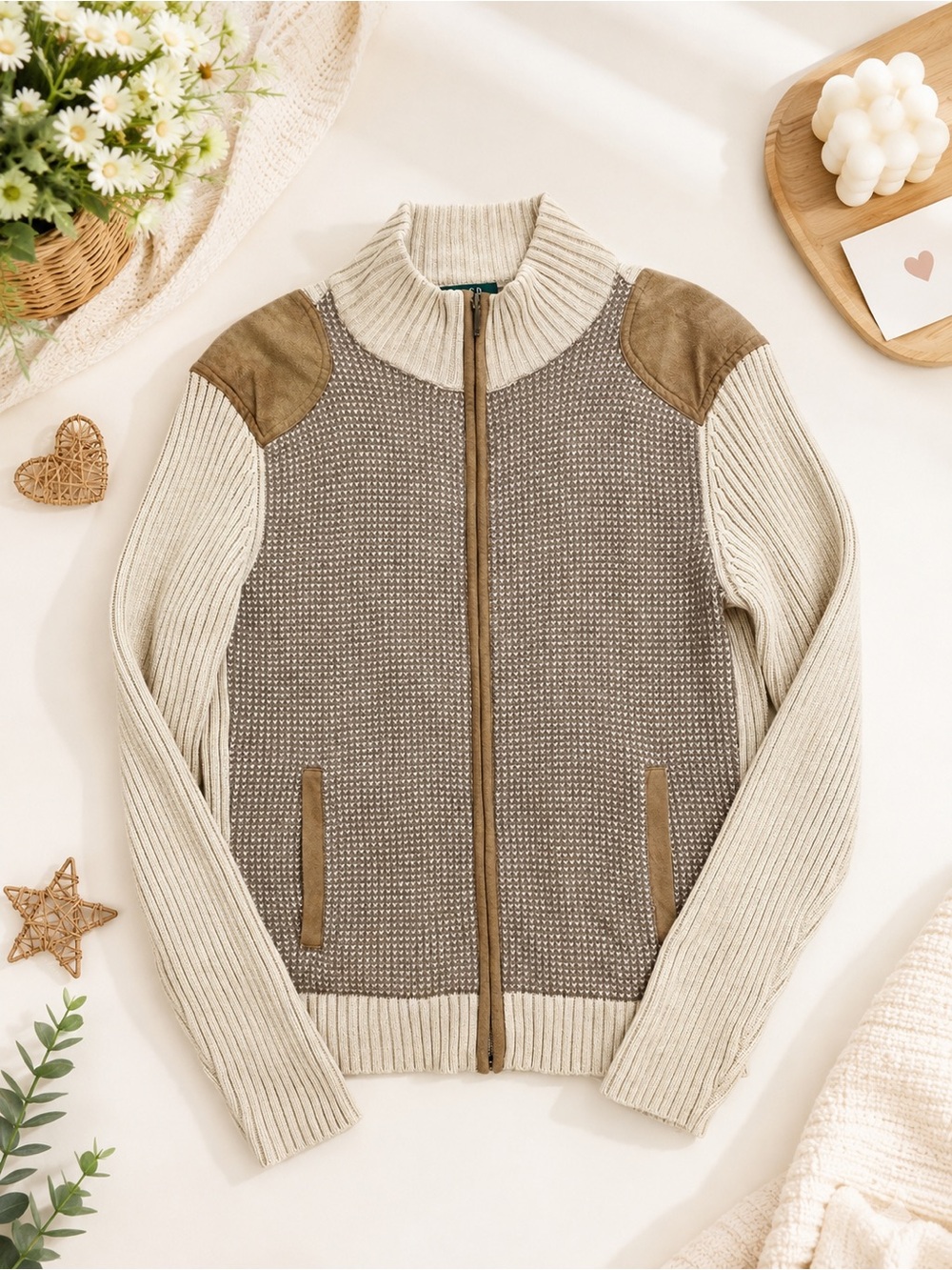 Lauren Ralph Lauren Full Zip Knit Sweater Jacket with Faux Suede Trim